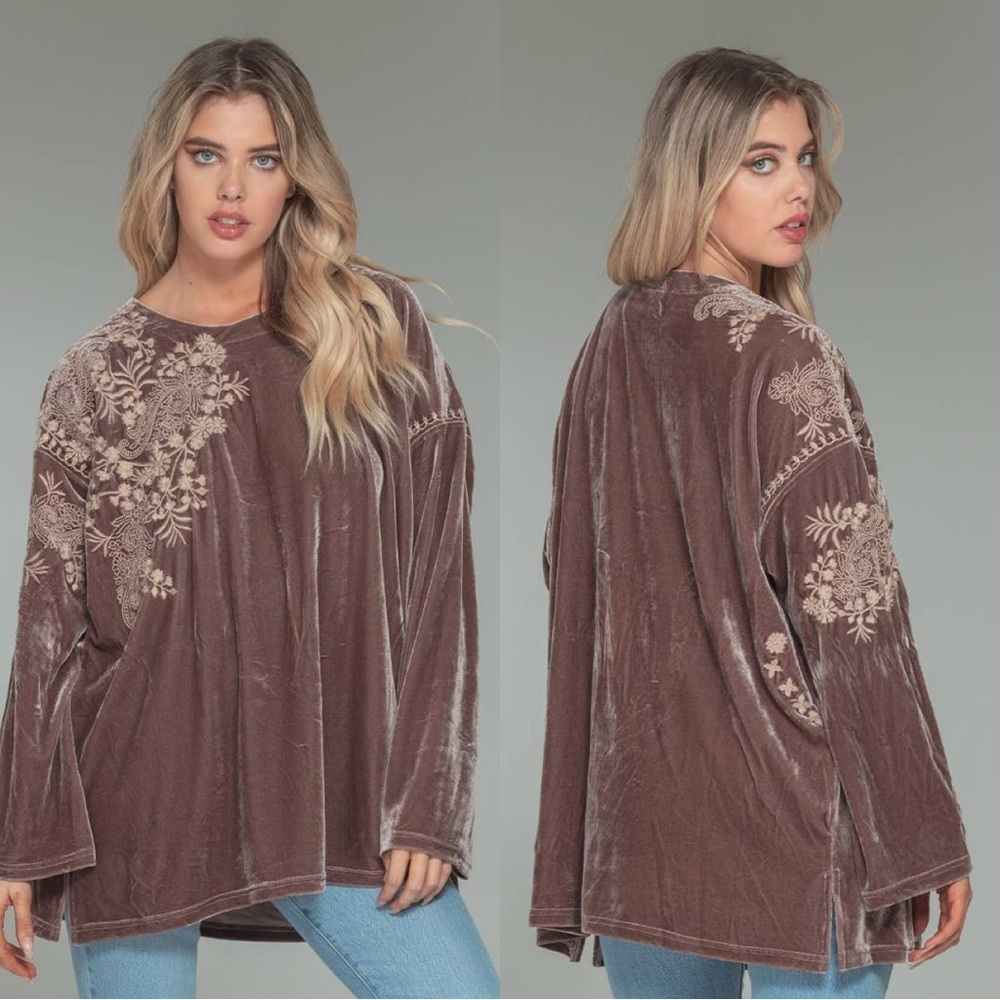 Paparazzi Embroidered Velvet Western Blouse Tunic Top Boho Whimsigoth in Brown L - Picture 3 of 13
